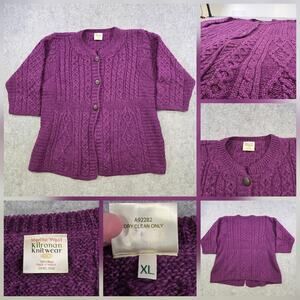 Kilronan Knitwear Sweater‎ Womens XL Purple Merino Wool Cable Cardigan Ireland
